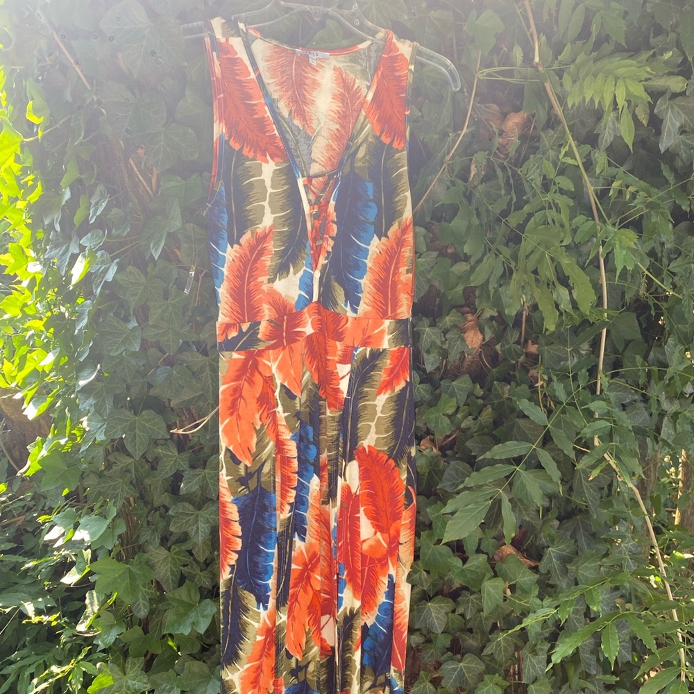 Feather Maxi Dress with slits orange green royal blue tropical
